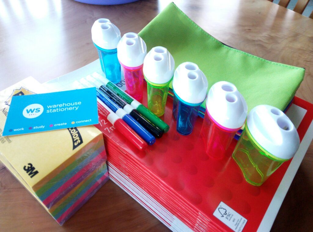 School exercise books, sharpeners, pencilcases